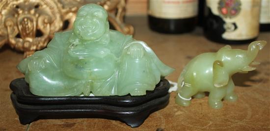 Two Chinese bowenite jade figure of Budai and an elephant, 20thC, 14cm and 9cm, Budai with wood stand(-)